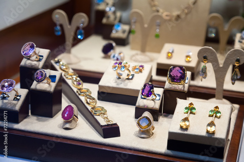Rings with gems on showcase © JackF