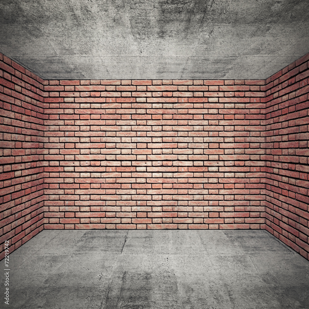 Empty room interior with brick walls and concrete floor Stock