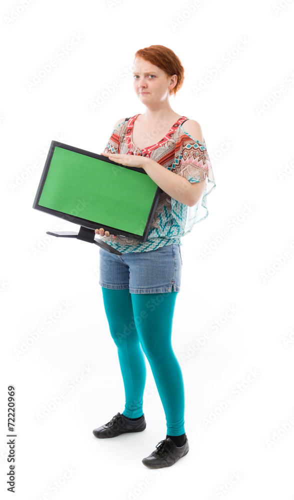 model isolated on white holding blank screen model isolated on white holding blank screen