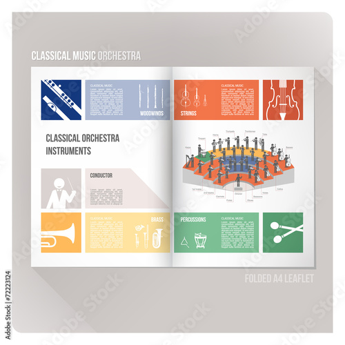 Classical music orchestra folded leaflet with icons