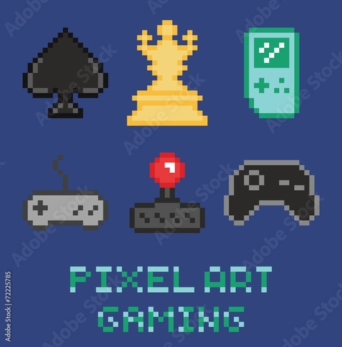 pixel art game design icon set - chess, gamepades, cards,