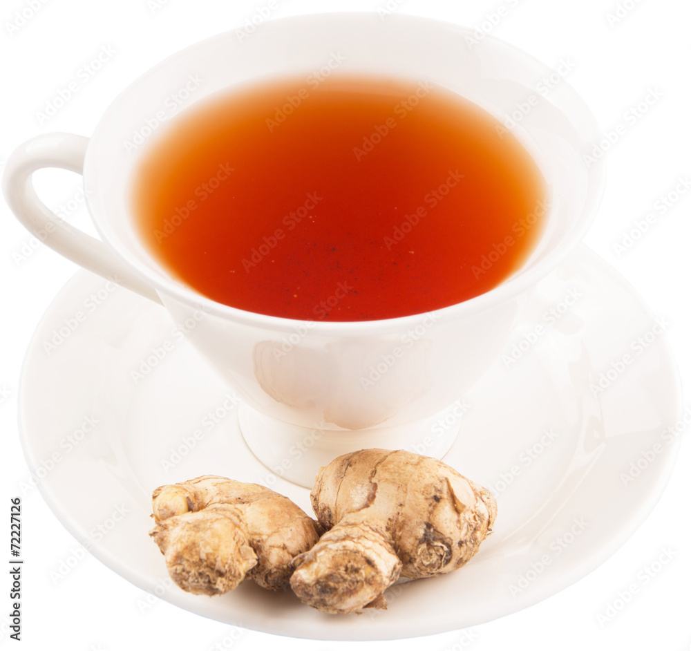 Ginger root and a cup of tea over white background Ginger root and a cup of tea over white background