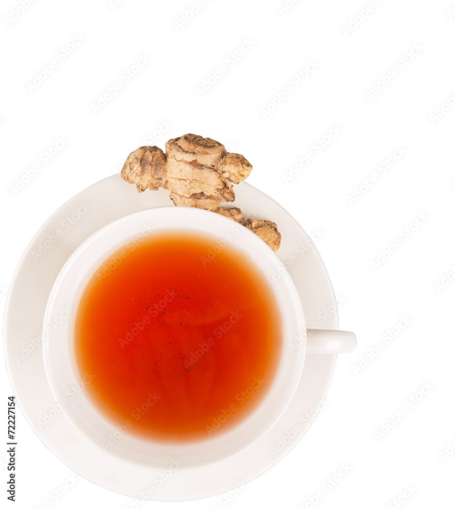 Ginger root and a cup of tea over white background Ginger root and a cup of tea over white background