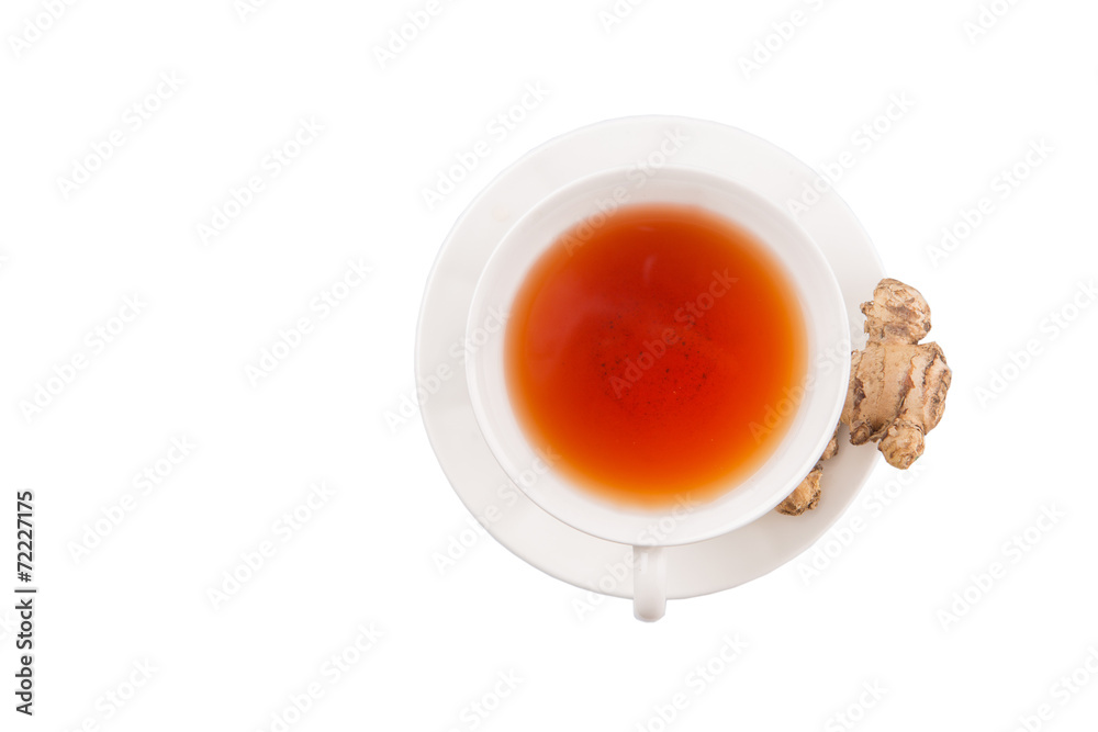 Ginger root and a cup of tea over white background Ginger root and a cup of tea over white background