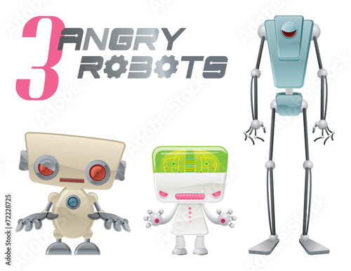 Three Angry Robots Cartoon Vector Graphic Illustration
