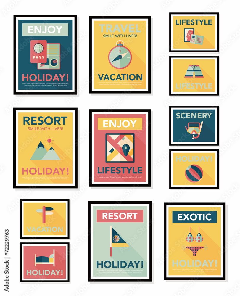 Travel poster banner design flat background set, eps10