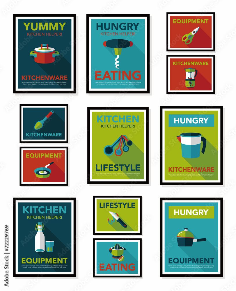 Kitchenware poster flat banner design flat background set, eps10