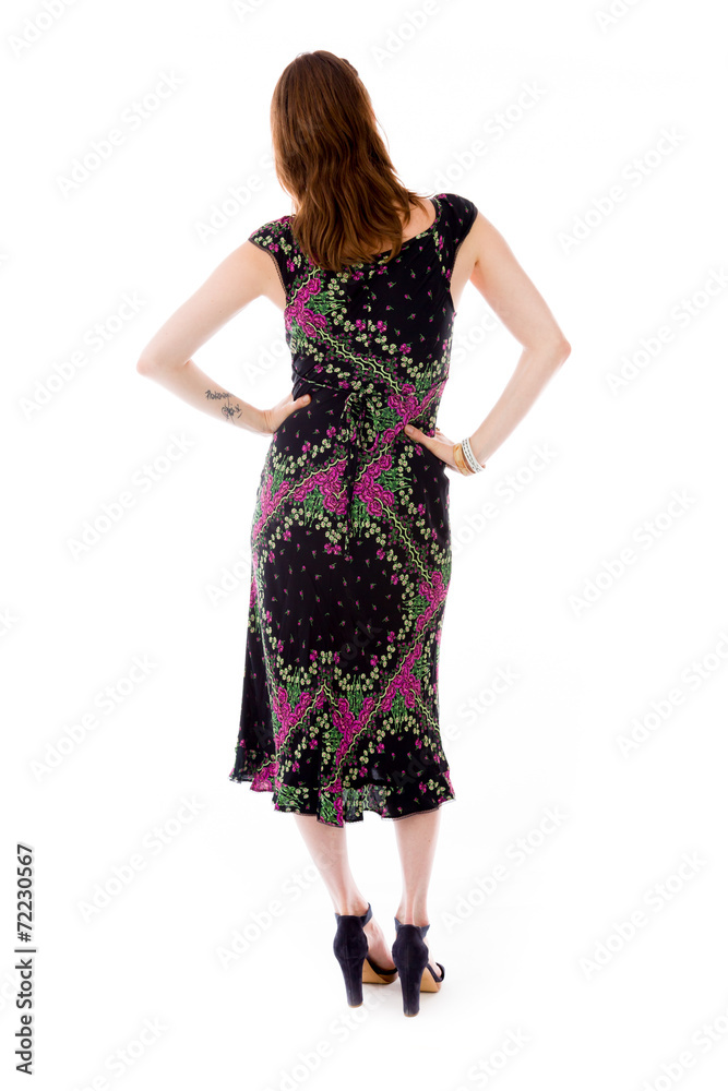 model isolated on plain background back hands on hips model isolated on plain background back hands on hips