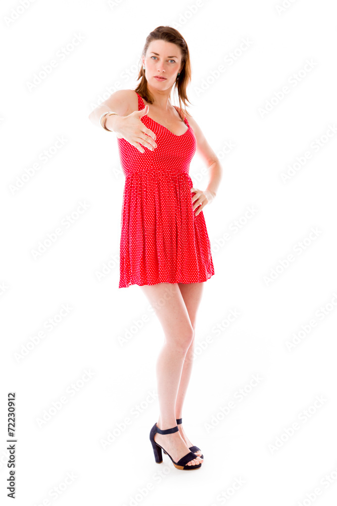 model isolated on plain background greetings hand shake model isolated on plain background greetings hand shake