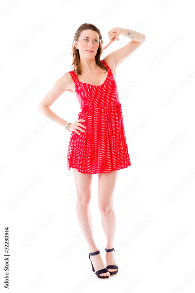 model isolated on plain background pointing to herself model isolated on plain background pointing to herself
