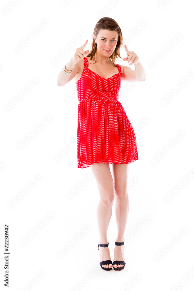 model isolated on plain background fingers pointing to camera