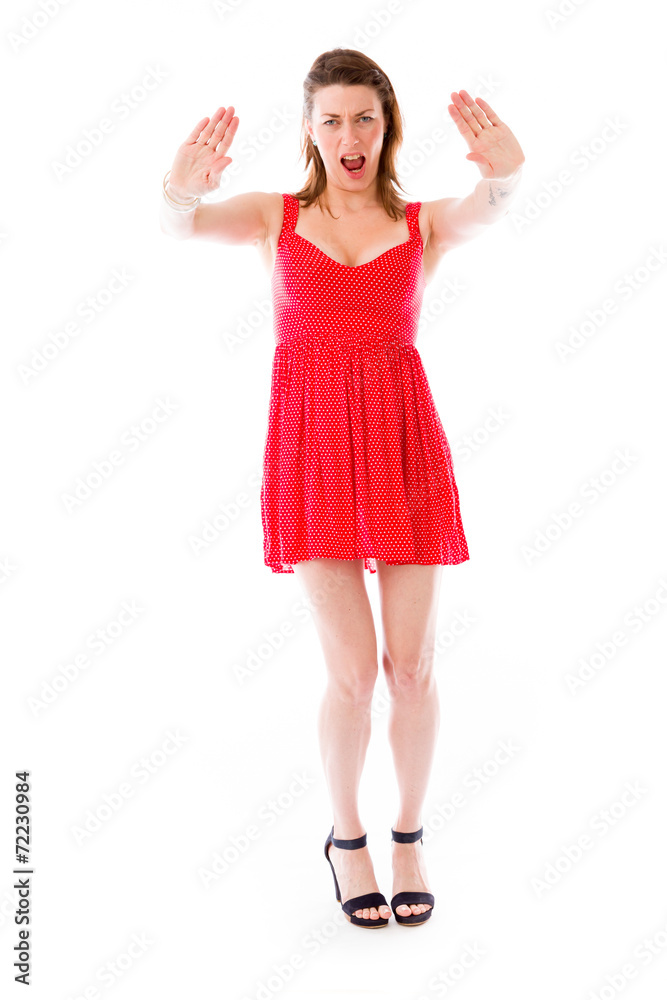 model isolated on plain background stop sign with hands