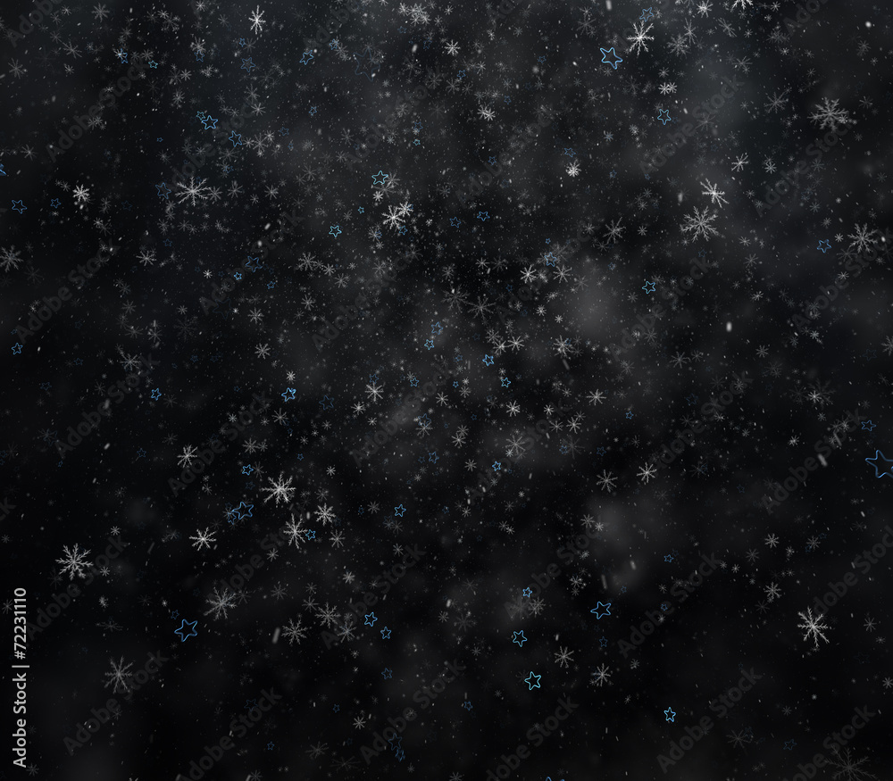 Frosty winter background, falling snowflakes and stars