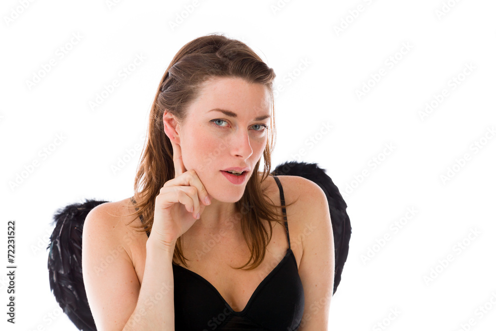 model isolated on plain background listening paying attention