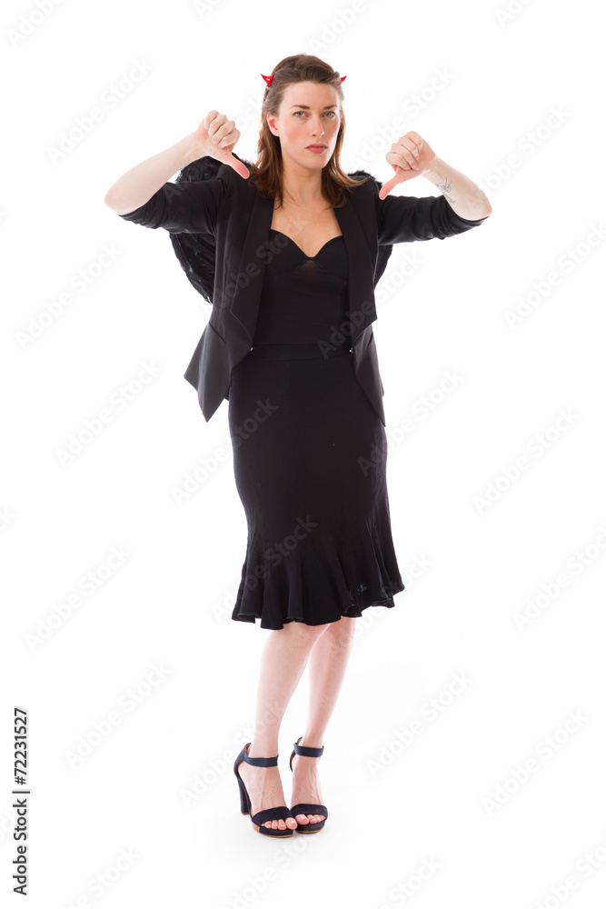 negative model showing thumbs down negative model showing thumbs down