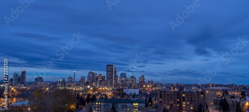 Calgary skyline in the early morning with rays from rising sun