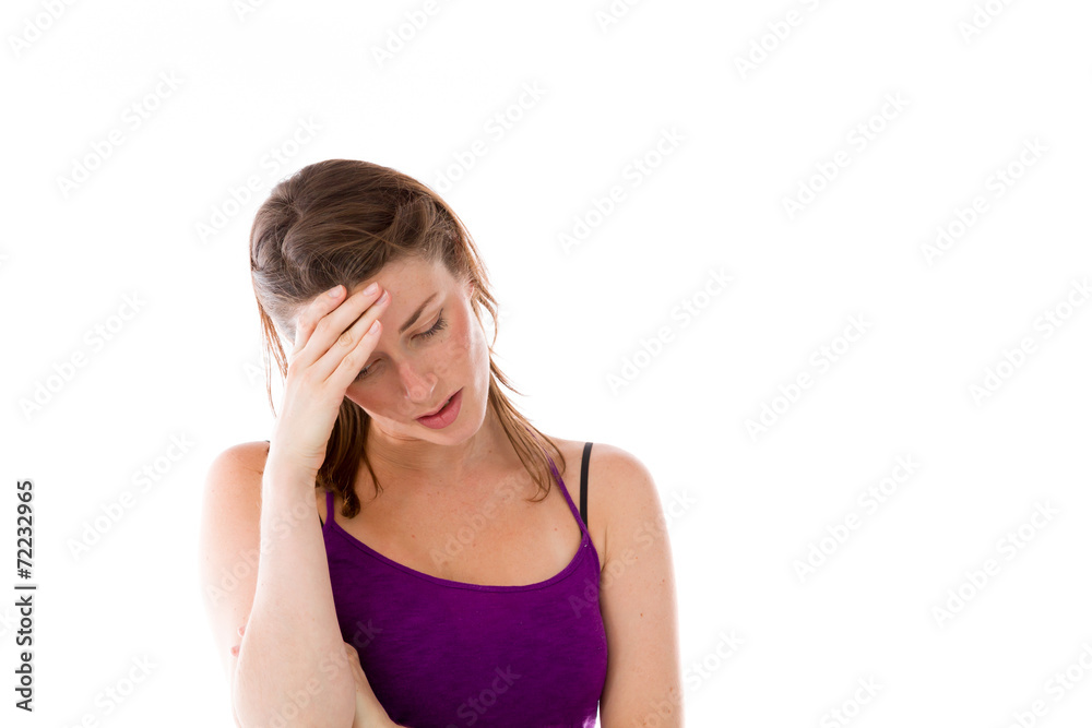 model isolated on plain background ashamed hiding face in hand
