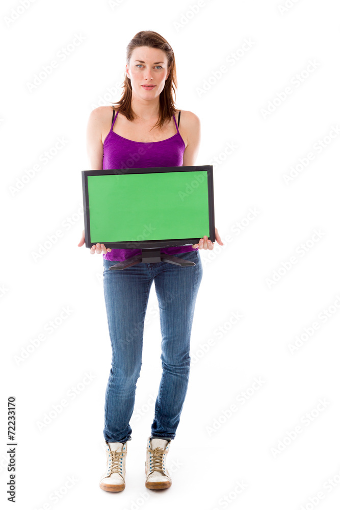 model isolated on white holding blank screen model isolated on white holding blank screen