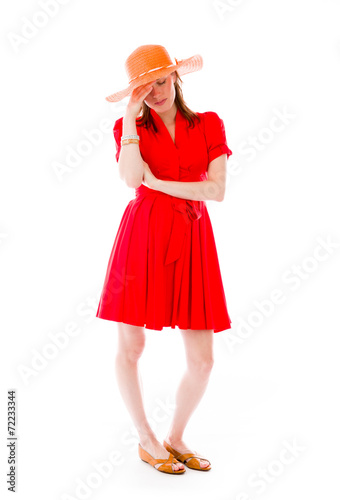 model isolated on plain background ashamed hiding face in hand