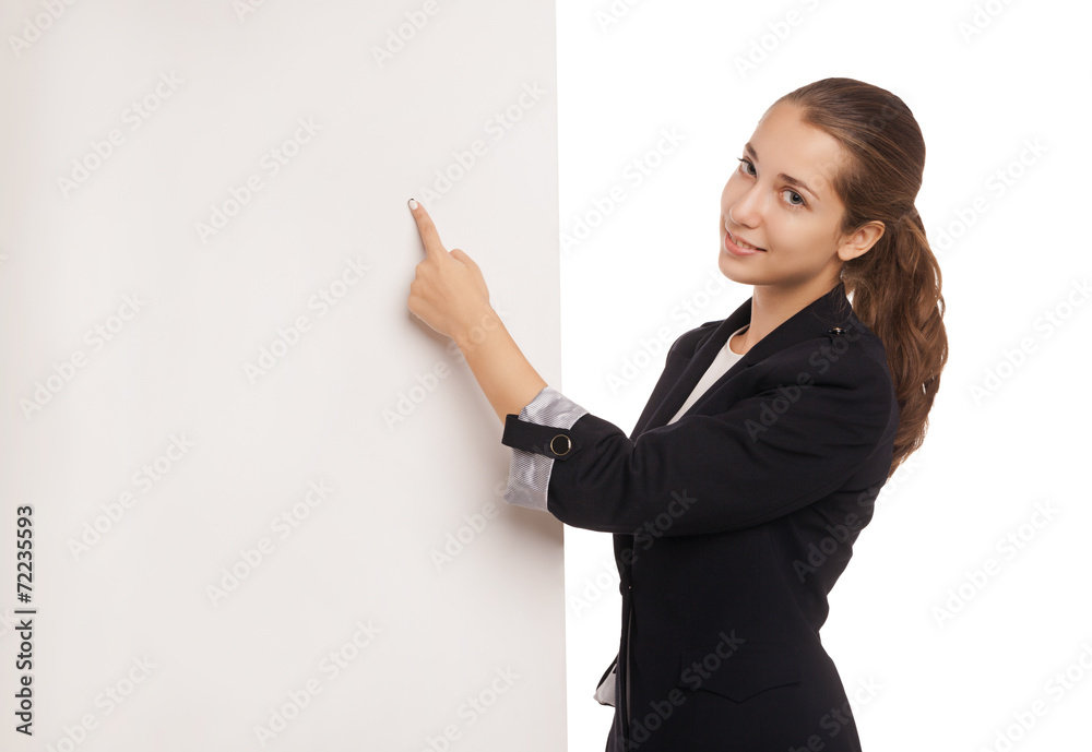 Beautiful business woman holding blank billboard