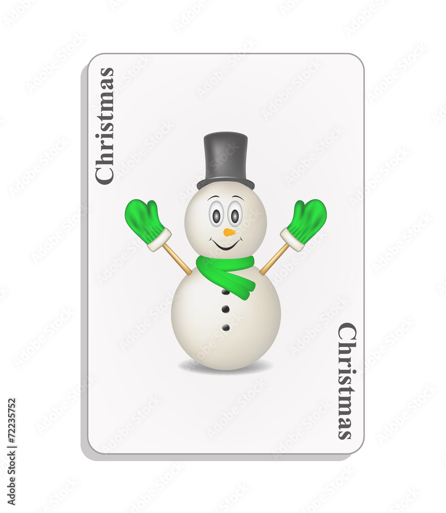 Playing card with smiling snowman and christmas Playing card with smiling snowman and christmas