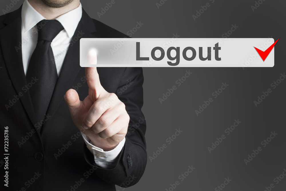 businessman pushing flat touchscreen button logout businessman pushing flat touchscreen button logout
