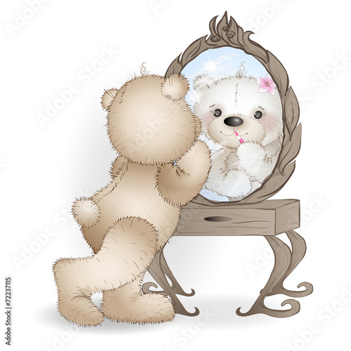 Bear paints her lips and looks in the mirror