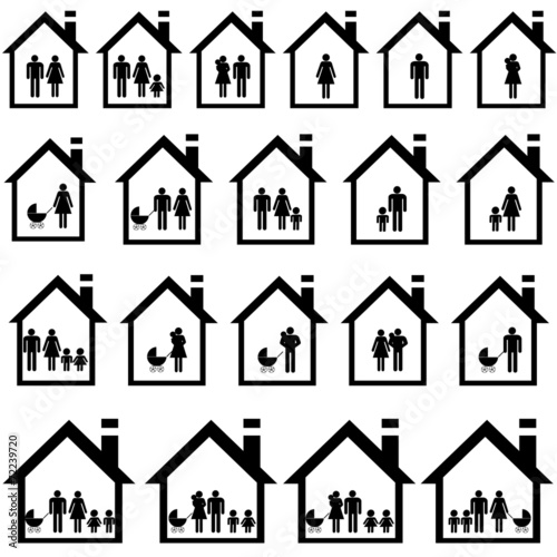 Pictograms of families in houses