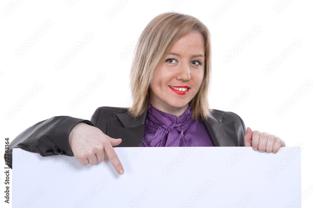 Businesswoman pointing and showing blank banner Businesswoman pointing and showing blank banner