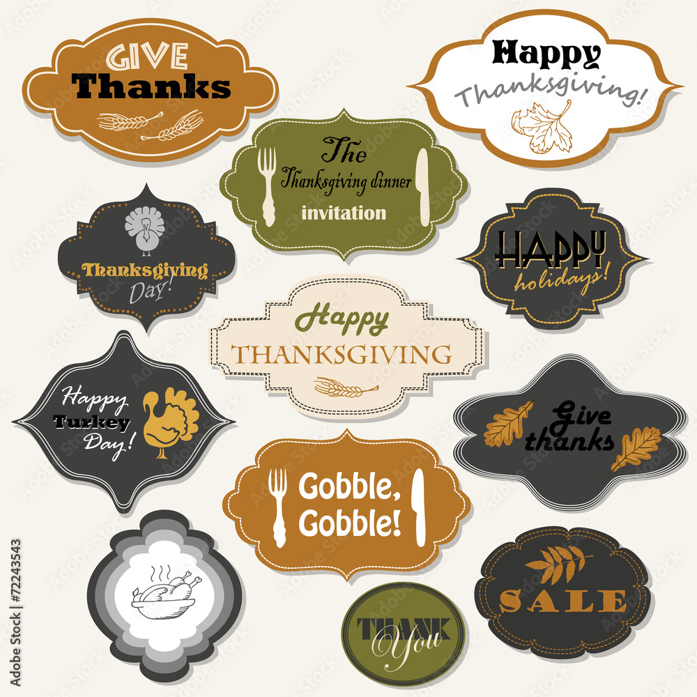 Set of 12 isolated Thanksgiving frames and labels