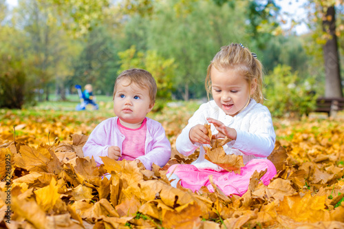  baby and little girl have fun with autumn leaves