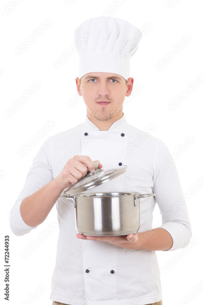 young man in chef uniform holding saucepan isolated on white young man in chef uniform holding saucepan isolated on white