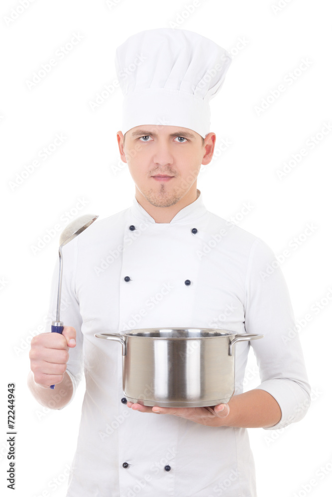 young man in chef uniform holding saucepan and spoon isolated on young man in chef uniform holding saucepan and spoon isolated on