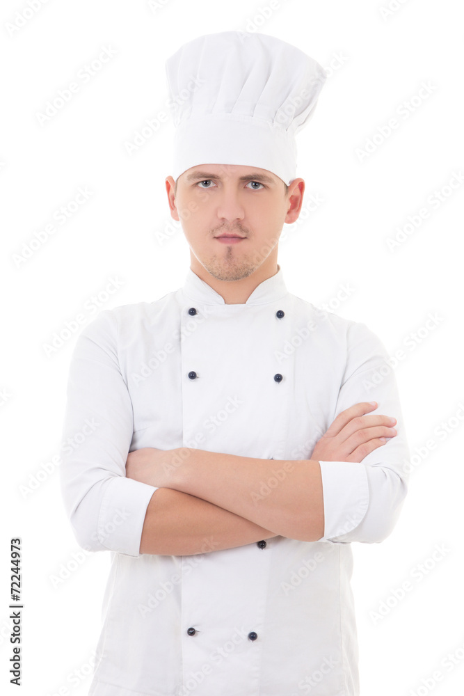 young man in chef uniform isolated on white