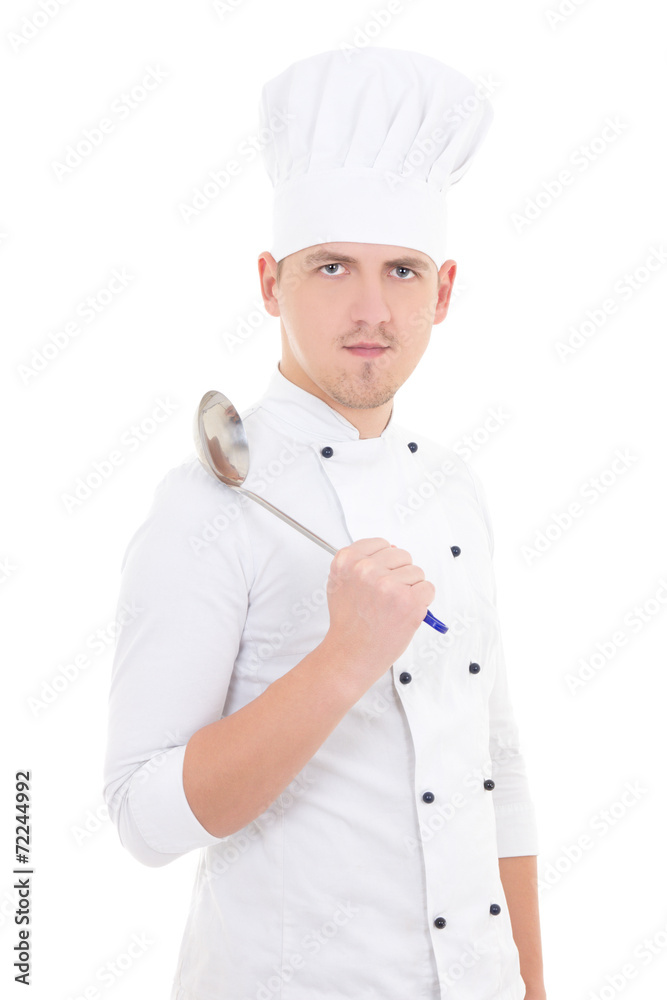 man in chef uniform with sauce spoon isolated on white man in chef uniform with sauce spoon isolated on white