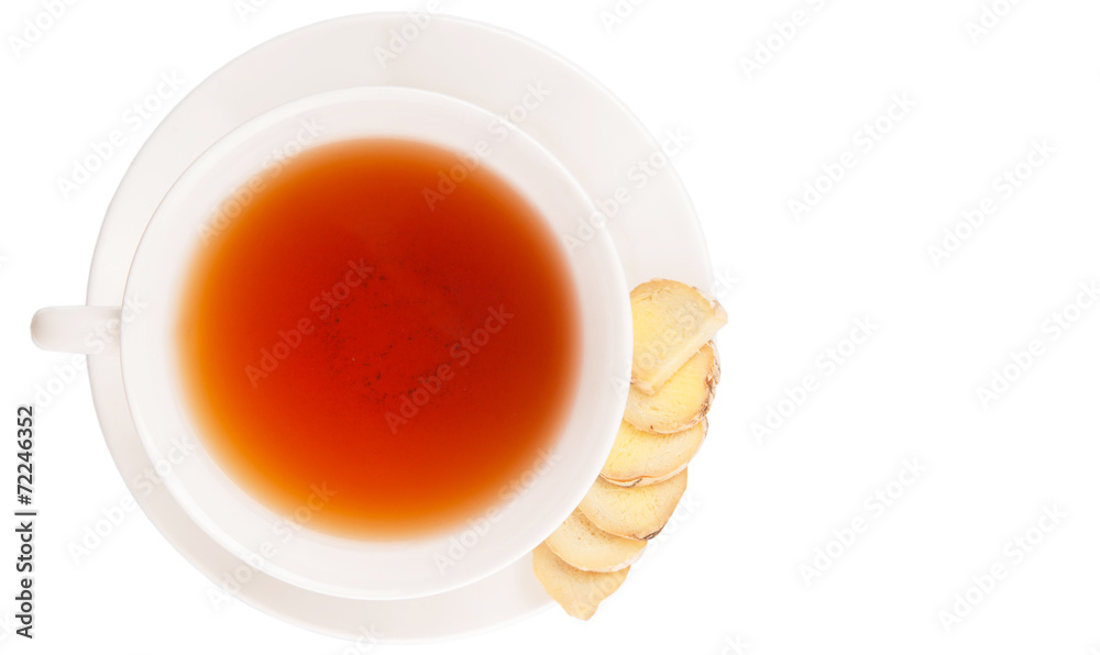 Ginger slices and a cup of tea over white background