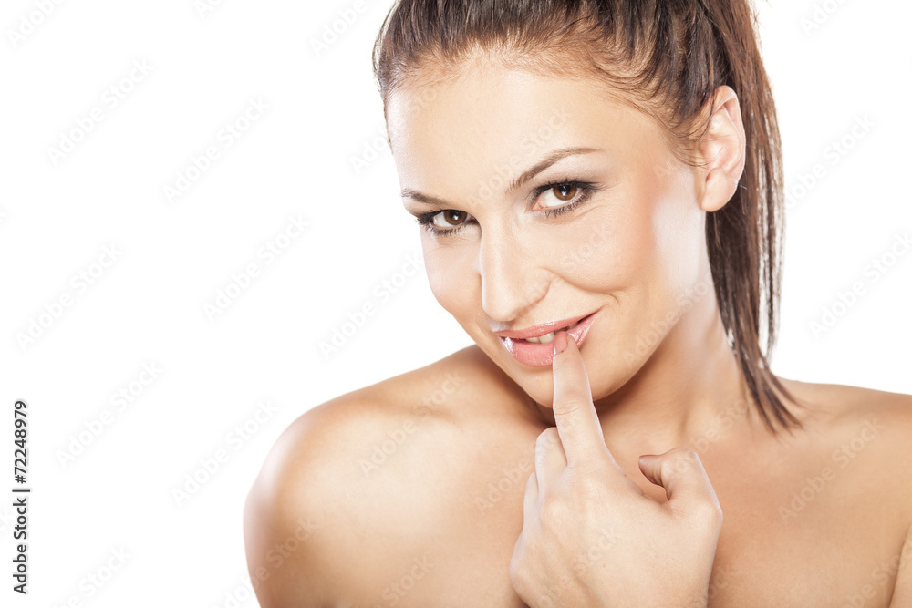 head shot of shy beautiful young woman on white background head shot of shy beautiful young woman on white background