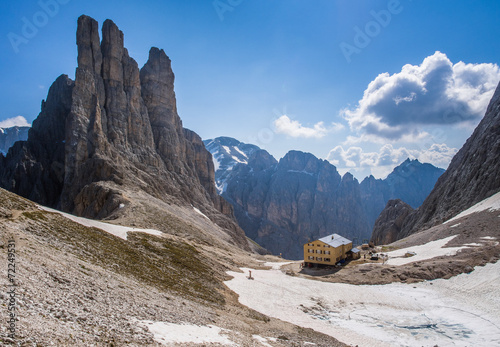 Re Alberto mountain hut and Towers of Vajolet, Dolomites
