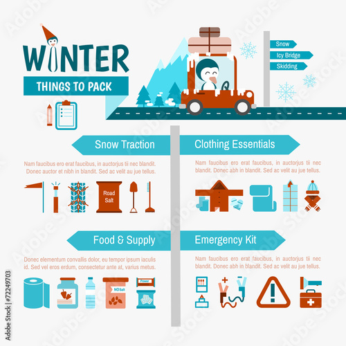 Winter Driving packing list infographics for safety trip