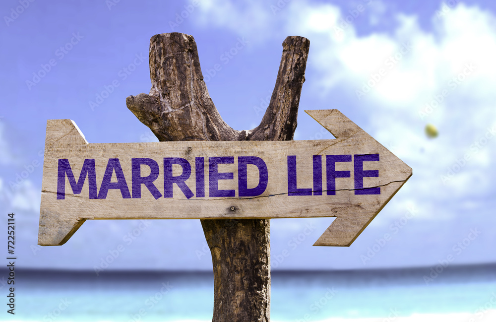 Married Life wooden sign with a beach on background