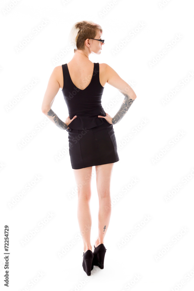 model isolated on plain background back hands on hips model isolated on plain background back hands on hips