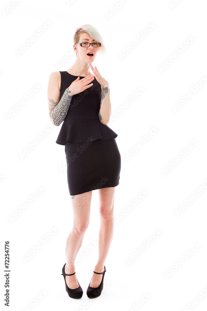 model isolated on plain background hand gesture break sign