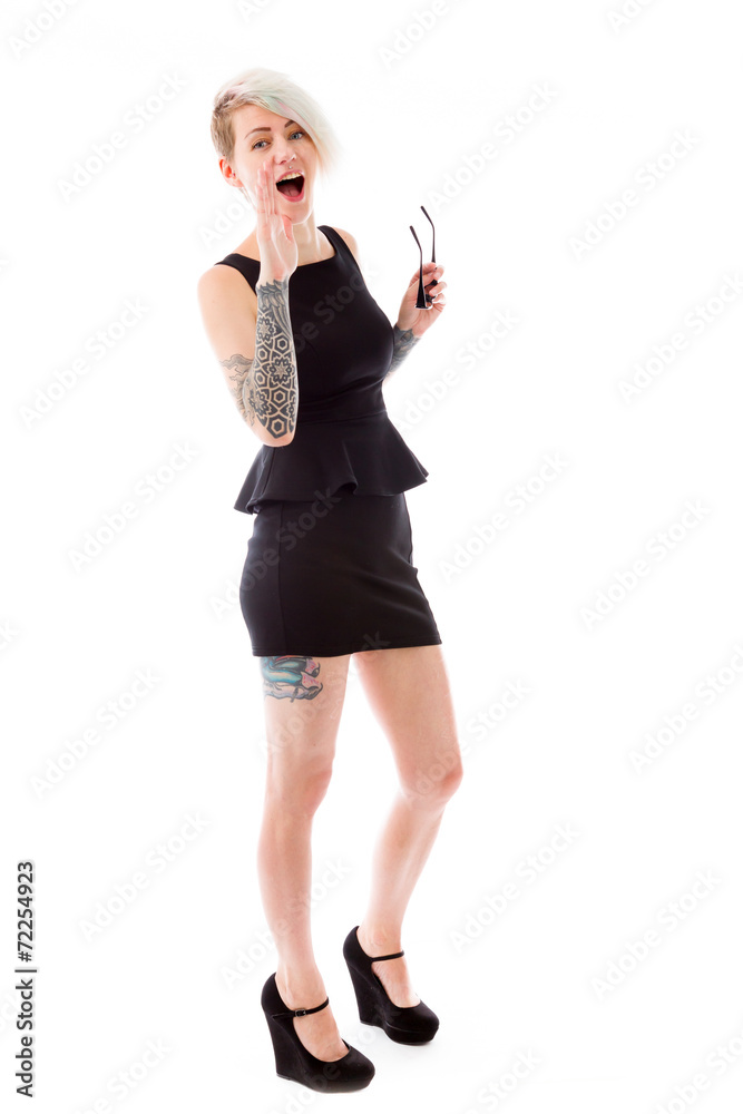 model isolated on plain background calling shouting model isolated on plain background calling shouting