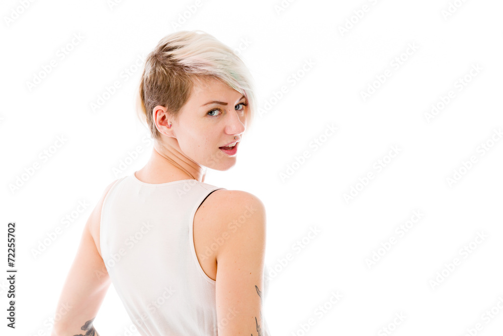 model isolated on plain background back turning around model isolated on plain background back turning around