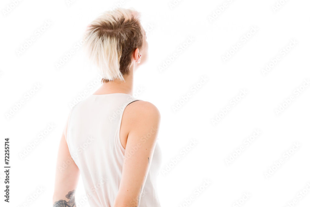 model isolated on plain background back looking behind model isolated on plain background back looking behind