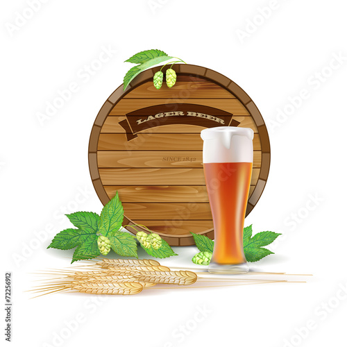 Wooden barrel, glass of beer, hops and barley