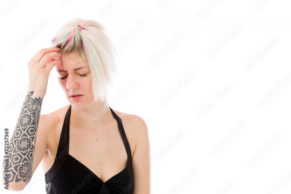 model isolated on plain background confused headache model isolated on plain background confused headache