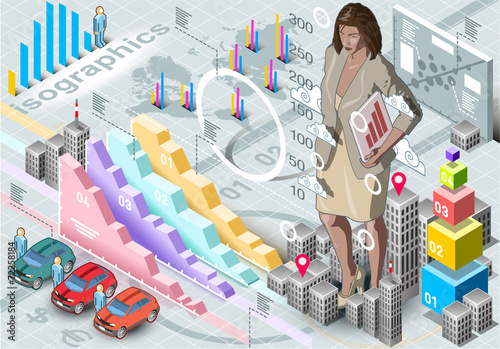 Isometric Infographic Woman Secretary Set Elements