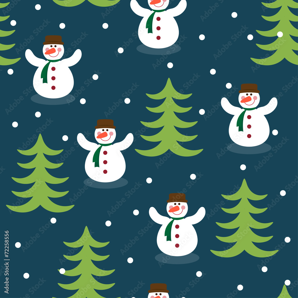 Funny winter holiday pattern background with snowman