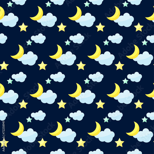 vector pattern background with cartoon moon, clouds and stars